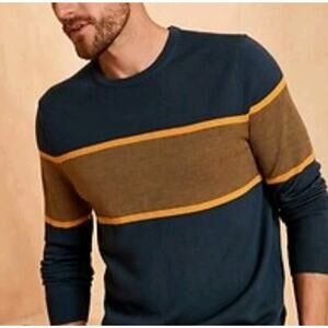Banana Republic Mens XL Merino Wool Sweater Blue Stripe Lightweight Quiet Luxury